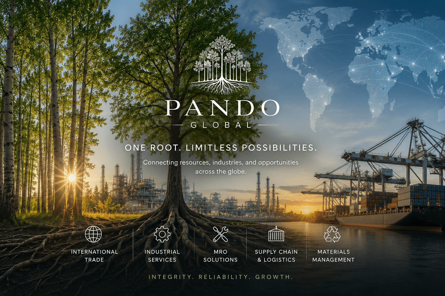 Pando Global company overview with forest, industry, logistics, and global trade